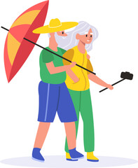 Senior tourists walking outdoors, enjoying their vacation