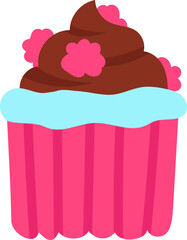 Cupcake illustration with chocolate frosting and pink flowers