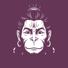 Majestic white vector portrait of Lord Hanuman, the Hindu Monkey God, symbolizing strength, devotion, and courage on a deep purple background.