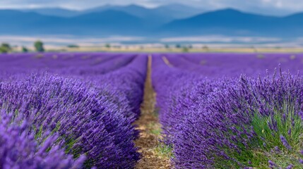 Obraz premium Vibrant lavender fields with mountains in background under clear sky