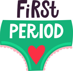 First period illustration with green panty and red heart