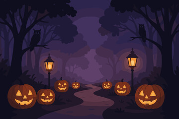 Fototapeta premium Spooky Halloween night in a quiet park with glowing jack-o-lanterns and watchful owls