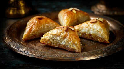 Tunisian baklawa with almond filling, rustic brass tray