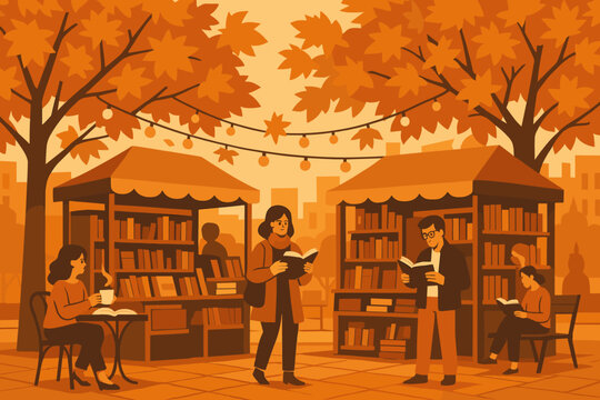 People enjoy reading and socializing at a cozy outdoor book market surrounded by autumn trees in a vibrant city