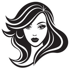 Illustration of a woman with long, flowing hair and beautiful eyes, isolated on white background the woman is looking to the side with a seductive expression, her hair is cascading down her shoulders