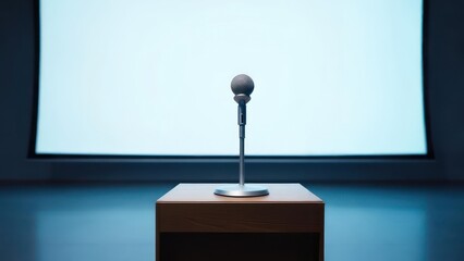 A microphone stands on a small wooden podium in front of a blank screen