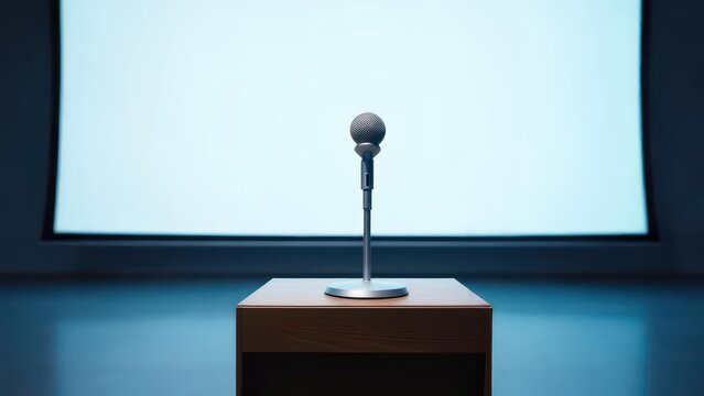 A microphone stands on a small wooden podium in front of a blank screen - Powered by Adobe