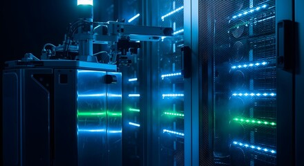 Modern server room with blue and green LED lights and advanced technology creating a futuristic data center atmosphere