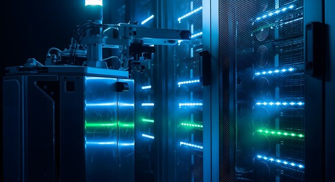 Modern server room with blue and green LED lights and advanced technology creating a futuristic data center atmosphere