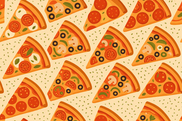 Colorful pattern of pizza slices with various toppings on a light background suitable for fun designs