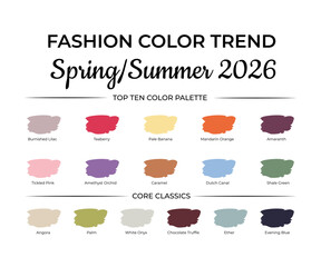 Fashion Color Trend Spring - Summer  2026. Trendy colors palette guide. Brush strokes of paint color with names swatches. Easy to edit vector template for your creative designs.