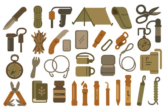 Exploring essential camping gear and tools for outdoor adventures, featuring knives, tents, flashlights, and more