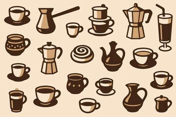 Collection of coffee cups and brewing equipment in a warm and inviting style