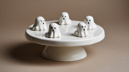 Cute white ceramic cake stand decorated with five small ghost-shaped figurines, perfect for a fun Halloween dessert display
