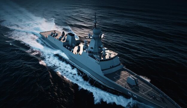 Modern naval frigate warship sailing at speed through dark blue ocean waters with white wake trail, sleek gray military vessel with stealth design features, radar systems and weapons platforms