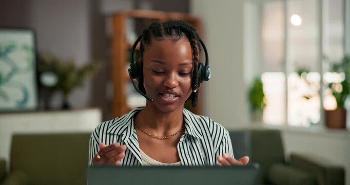 Laptop, call center consultant and black woman with remote work, technical support or help desk. Freelancer, headset and agent talk with computer for IT assistance, customer service and bokeh in home