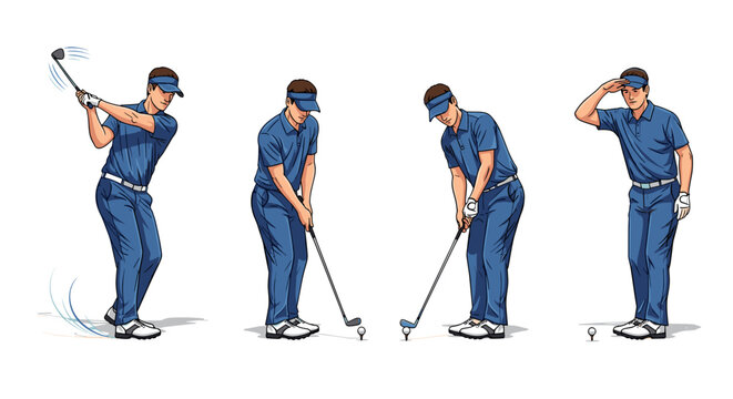 Dynamic sequence of a golfer swinging a club, ready to tee off, perfect for sports instruction or a golf tournament promo, illustration