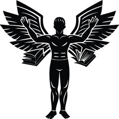 Inspired Intellectual with wings: An illustration showing a man standing with open arms. The background showcases the shape of wings and books representing knowledge.