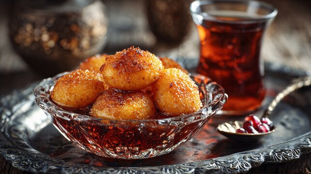 Turkish sekerpare semolina cookies in syrup, elegant glass dish