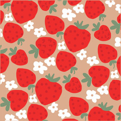 Seamless pattern of red strawberries and white flowers on a tan background.