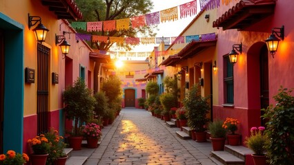 Fototapeta premium Mexican street with houses decorated for Día de los Muertos colorful papel picado and marigolds festive golden hour scene