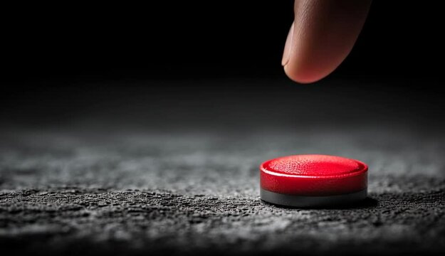 Fingertip presses bright red circular button on rough dark surface. Dramatic lighting creates shadow, highlighting shiny button face. Suggests decision, action, or emergency start.
