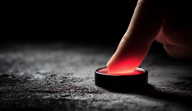 Fingertip presses bright red circular button on rough dark surface. Dramatic lighting creates shadow, highlighting shiny button face. Suggests decision, action, or emergency start.
