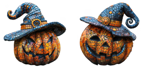 Two mosaic jackolanterns wearing witch hats, isolated on transparent background