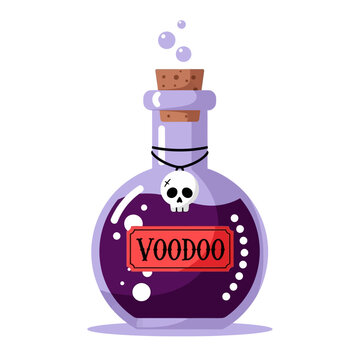 Mystical voodoo potion in a round glass bottle with a skull charm.