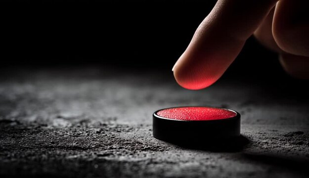 Fingertip presses bright red circular button on rough dark surface. Dramatic lighting creates shadow, highlighting shiny button face. Suggests decision, action, or emergency start.
