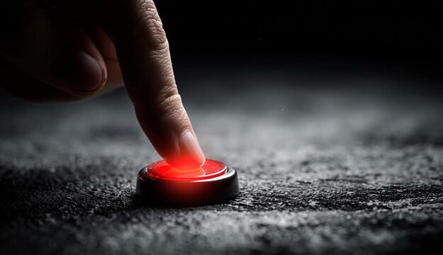 Fingertip presses bright red circular button on rough dark surface. Dramatic lighting creates shadow, highlighting shiny button face. Suggests decision, action, or emergency start.

