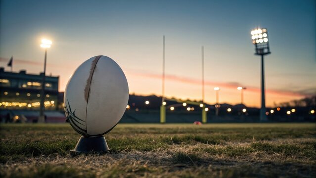 Dramatic Close Up of Rugby Ball on Grass During Sunset
