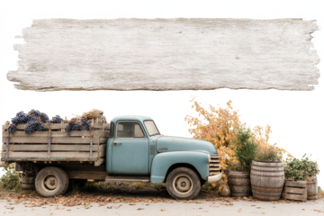 Vintage blue truck with grapes rustic wooden sign above perfect for autumn harvest festivals and winery promotions