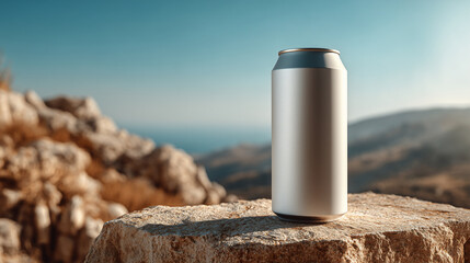 Close-up of a craft beer can with a blank matte wrap, standing on a natural stone pedestal, photographed in soft natural daylight. 16:9 aspect ratio, stylized for a clean and modern product presentati