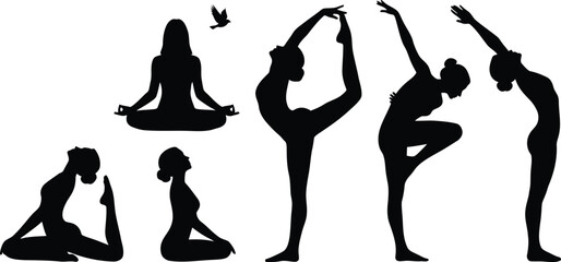 Silhouettes of women practicing various yoga poses against a white background