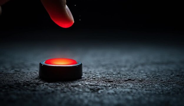Fingertip presses bright red circular button on rough dark surface. Dramatic lighting creates shadow, highlighting shiny button face. Suggests decision, action, or emergency start.
