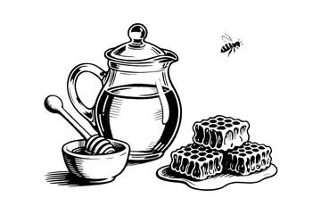 A honey jar with dipper, honeycomb, and bee drawn in hand-drawn sketch style on white background, representing natural sweetness concept