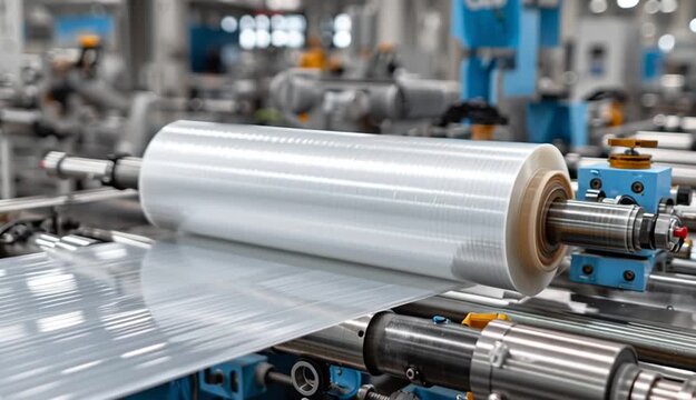 A machine with a roll of polyethylene plastic wrapping film on it. The machine is in a factory. industrial food packaging concept background.
