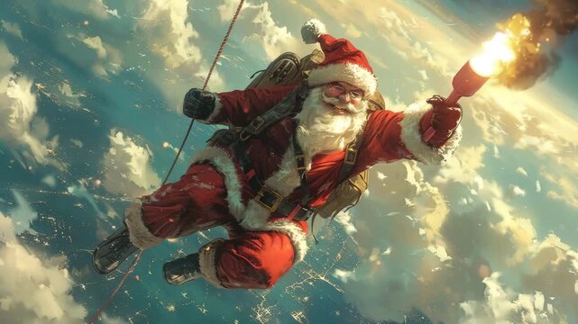 Santa claus in a red suit, wearing a backpack and holding a flare, skydiving through clouds with a city visible below 4k video