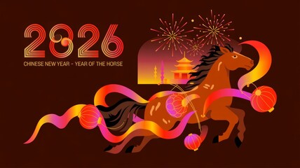 Modern Chinese New Year 2026 Horse and Ribbon Art
