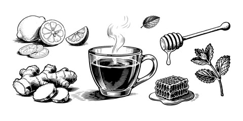 Hand-drawn sketch of herbal tea ingredients including lemon, ginger, mint, honey and hot tea cup on white background, concept of natural remedy