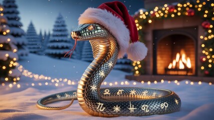 Metallic Cobra Snake with Santa Hat and Zodiac Symbols

