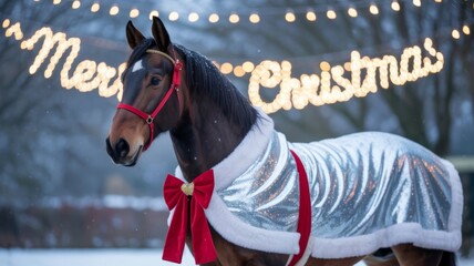 Horse in Silver Christmas Blanket and Red Bow in Snow red