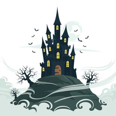 Spooky haunted castle on a hill with bats flying.