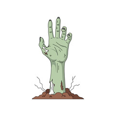 Zombie hand rising from grave spooky Halloween illustration.