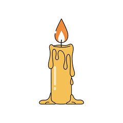 A lit yellow candle with dripping wax and a bright flame.