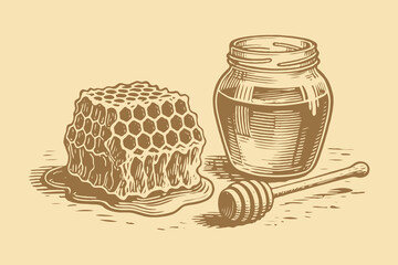 Honey jar, honeycomb and dipper hand drawn in engraved sketch style on beige background, concept of natural food and traditional beekeeping
