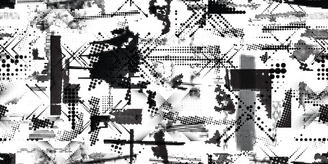 Obraz premium Glitch distorted grungy abstract forms . Halftone dots seamless pattern texture. Grange shapes .Grunge textured . Vector shapes with half tone dots .Screen print endless pattern texture 