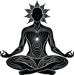 Serene Meditation: A silhouette of a person in a yoga pose, radiating tranquility, symbolizes mindfulness, spiritual practice, and inner peace. 