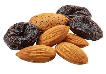 Almonds and plums arranged isolated on a transparent background